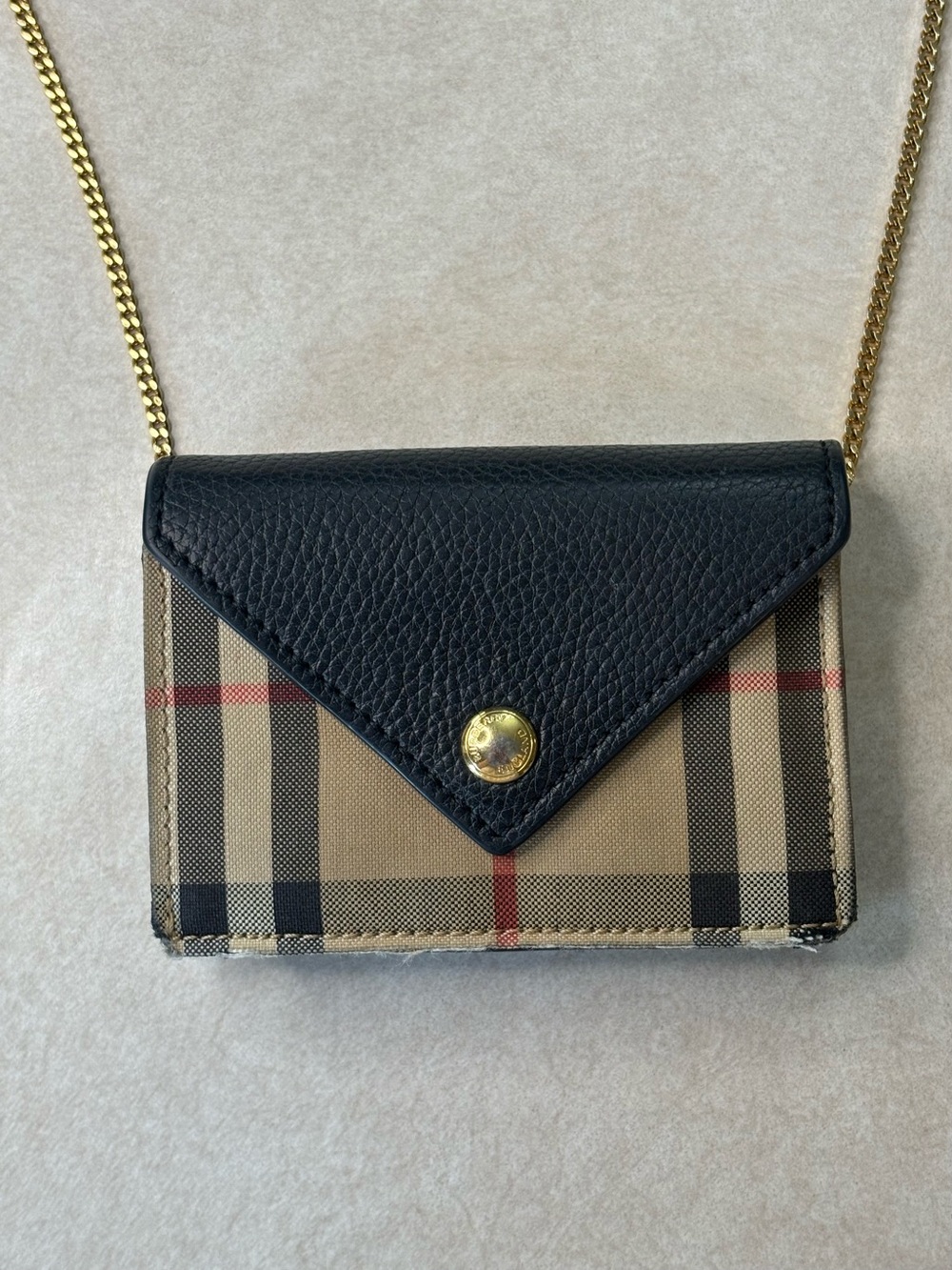 Burberry Black Leather & Beige Check Chain Wallet